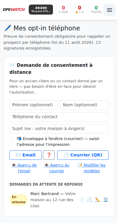 Rubrique demande de consentement à distance sur DPE Watch, avec les boutons email et courrier