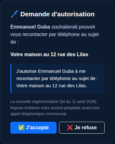 Page de réponse au consentement, un clic suffit pour accepter ou refuser