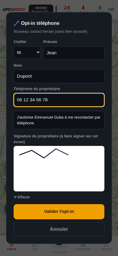 Écran de signature tactile de l'opt-in téléphone sur DPE Watch mobile